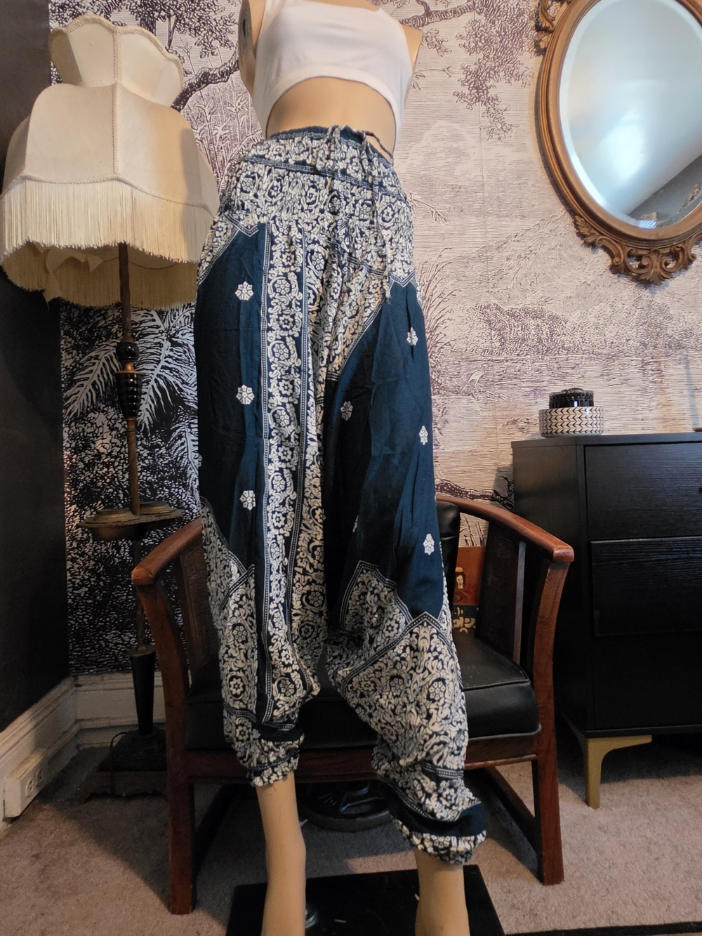 Bohemian Vibrant Jewel Toned Teal And White Bandana Printed Harem Pants